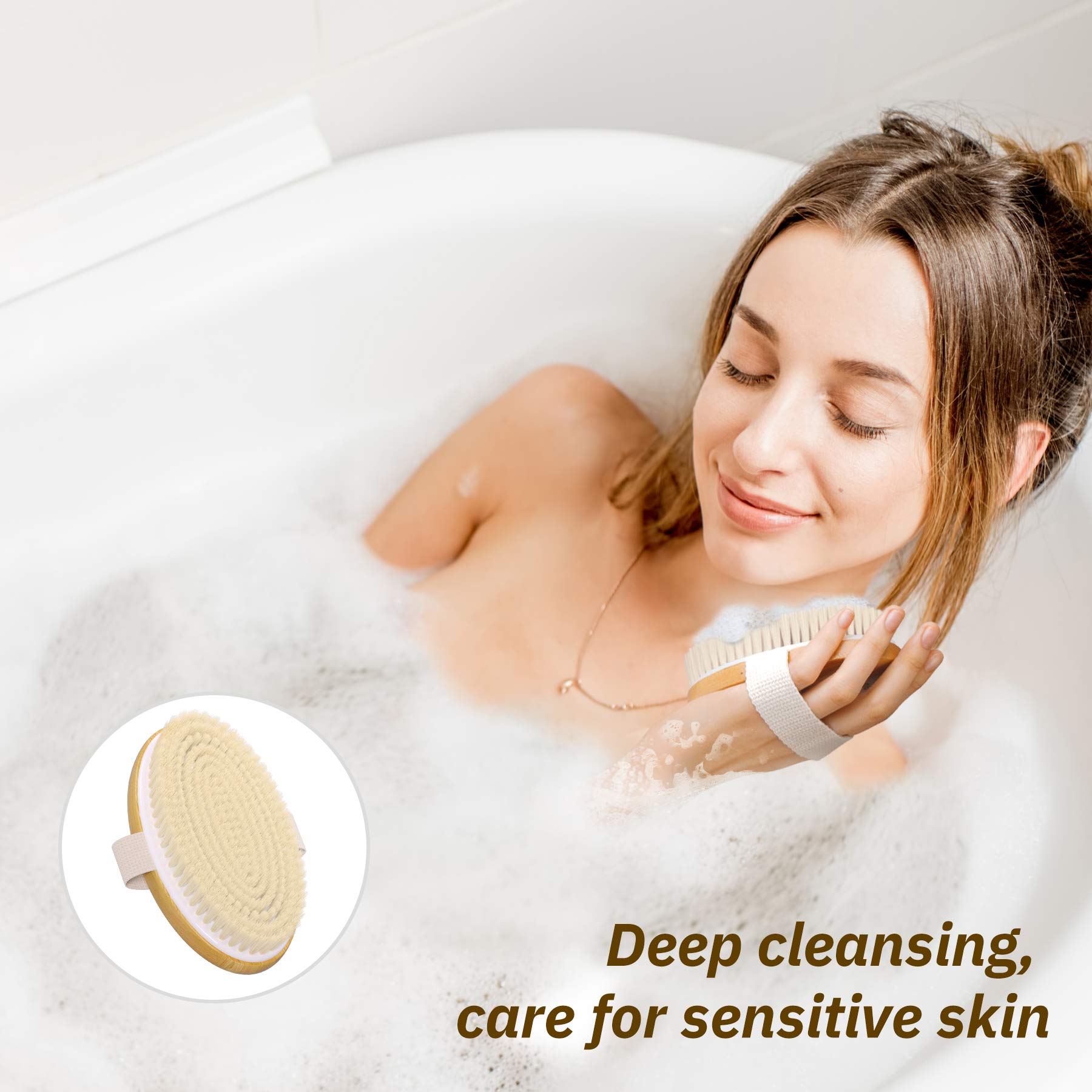 Metene uso en ducha o secado para limpieza exfoliante del cuerpo.