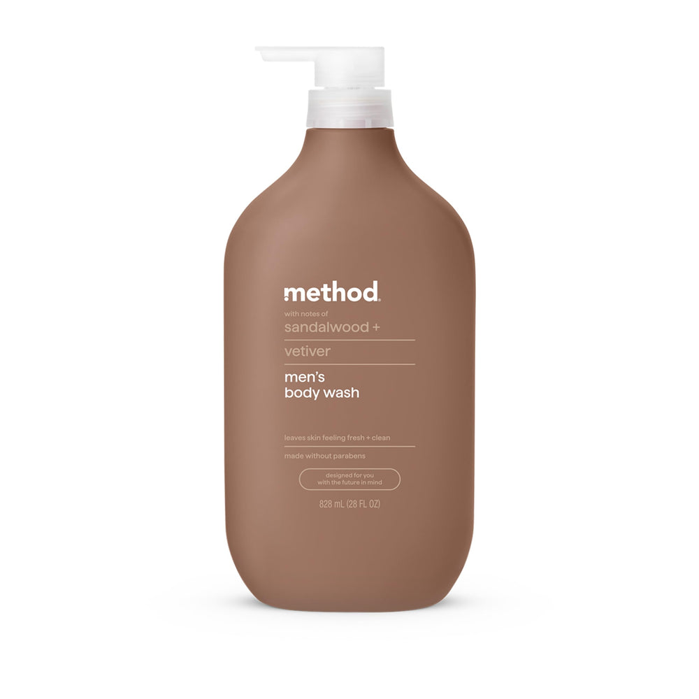Method Body Wash: botella vertiendo gel suave para ducha relajante.