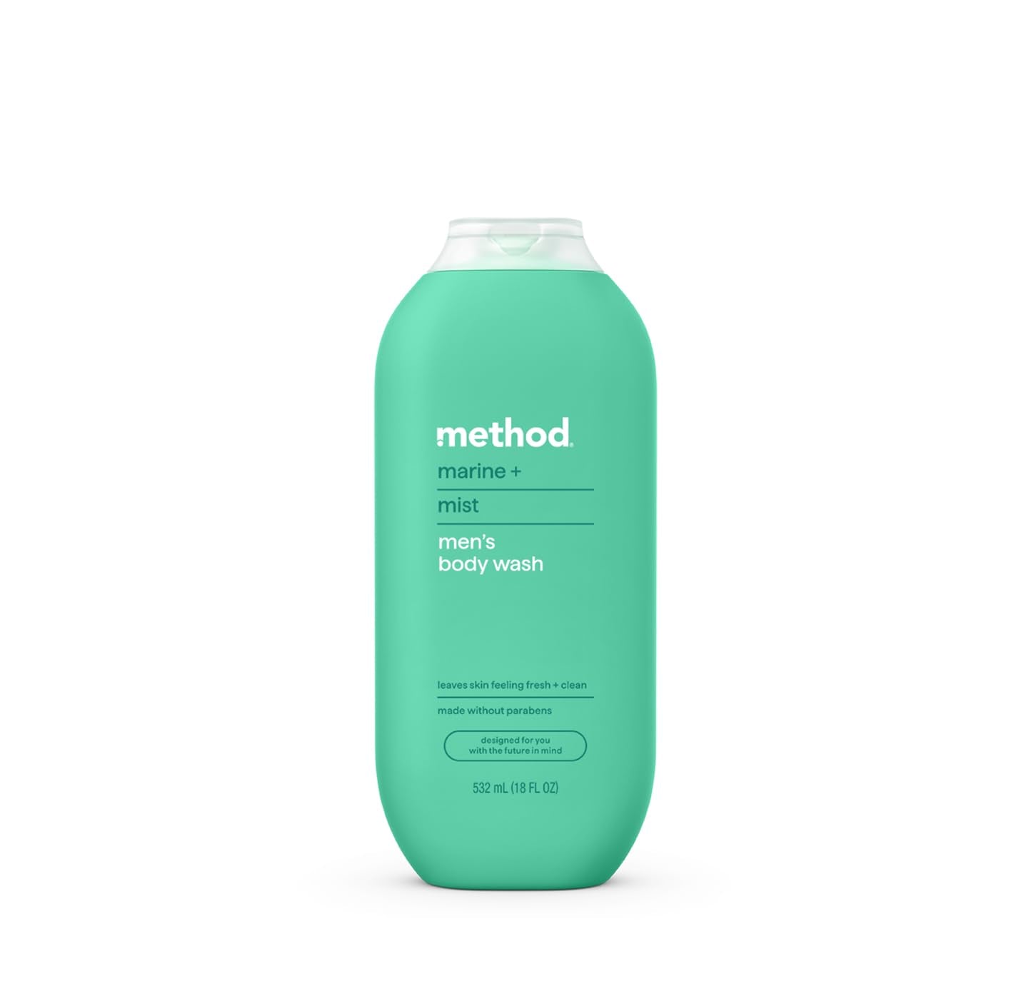 Method Marine + Mist body wash bottle showing sleek design and cruelty-free formula