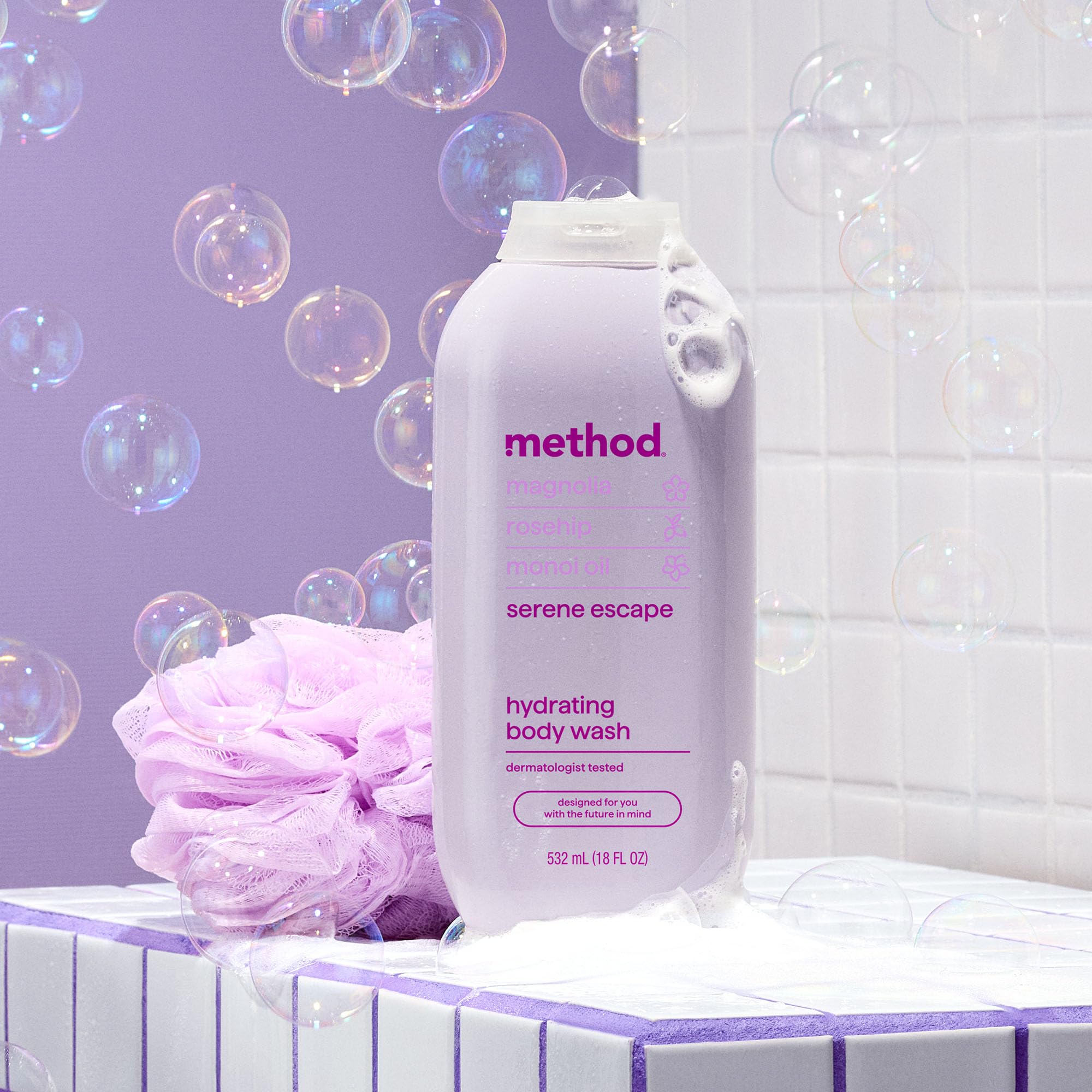 PCR bottle detail emphasizes eco-friendly packaging supporting sustainable choices