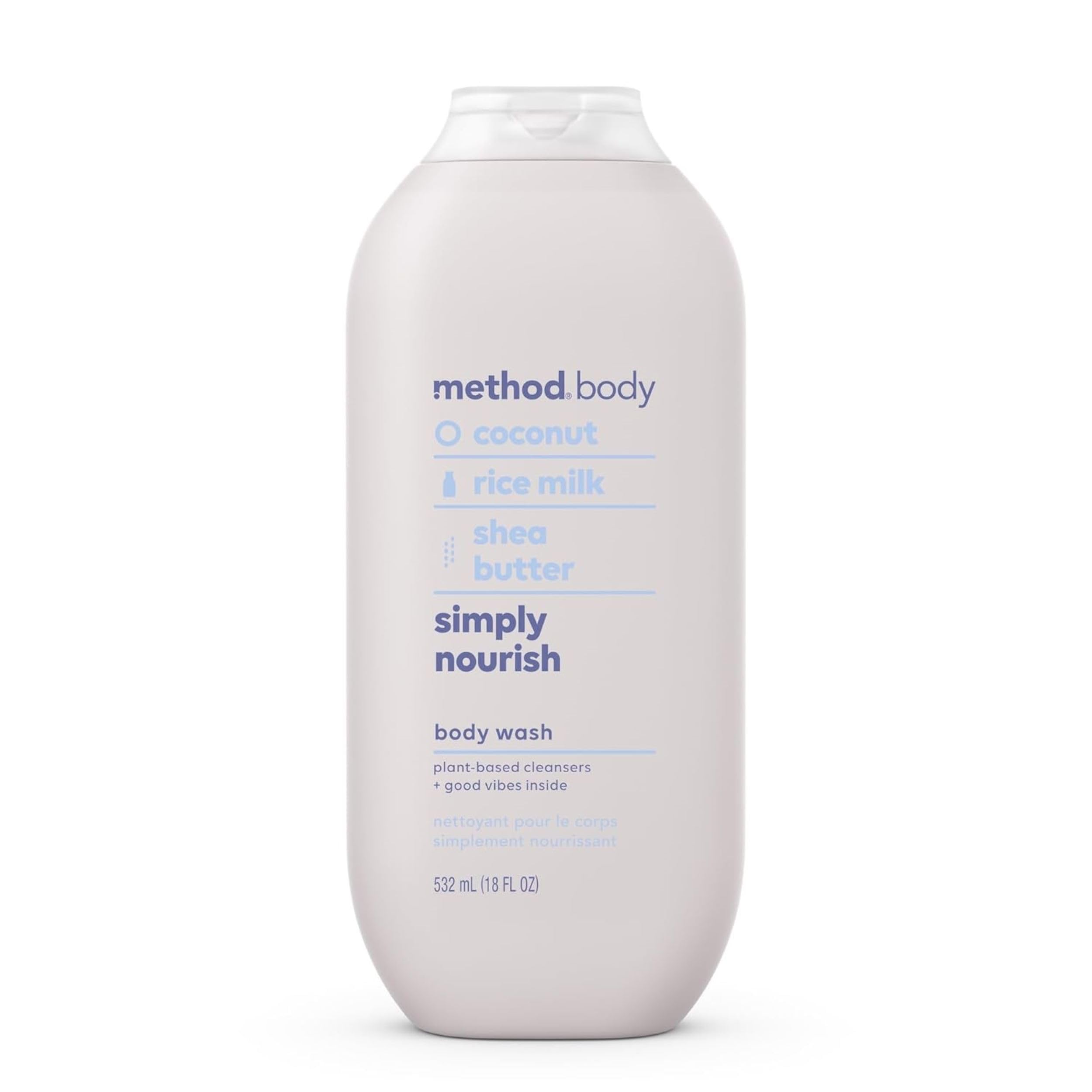 Method Body Wash Simply Nourish, enfoque botella vertido, sensación suave para la piel.