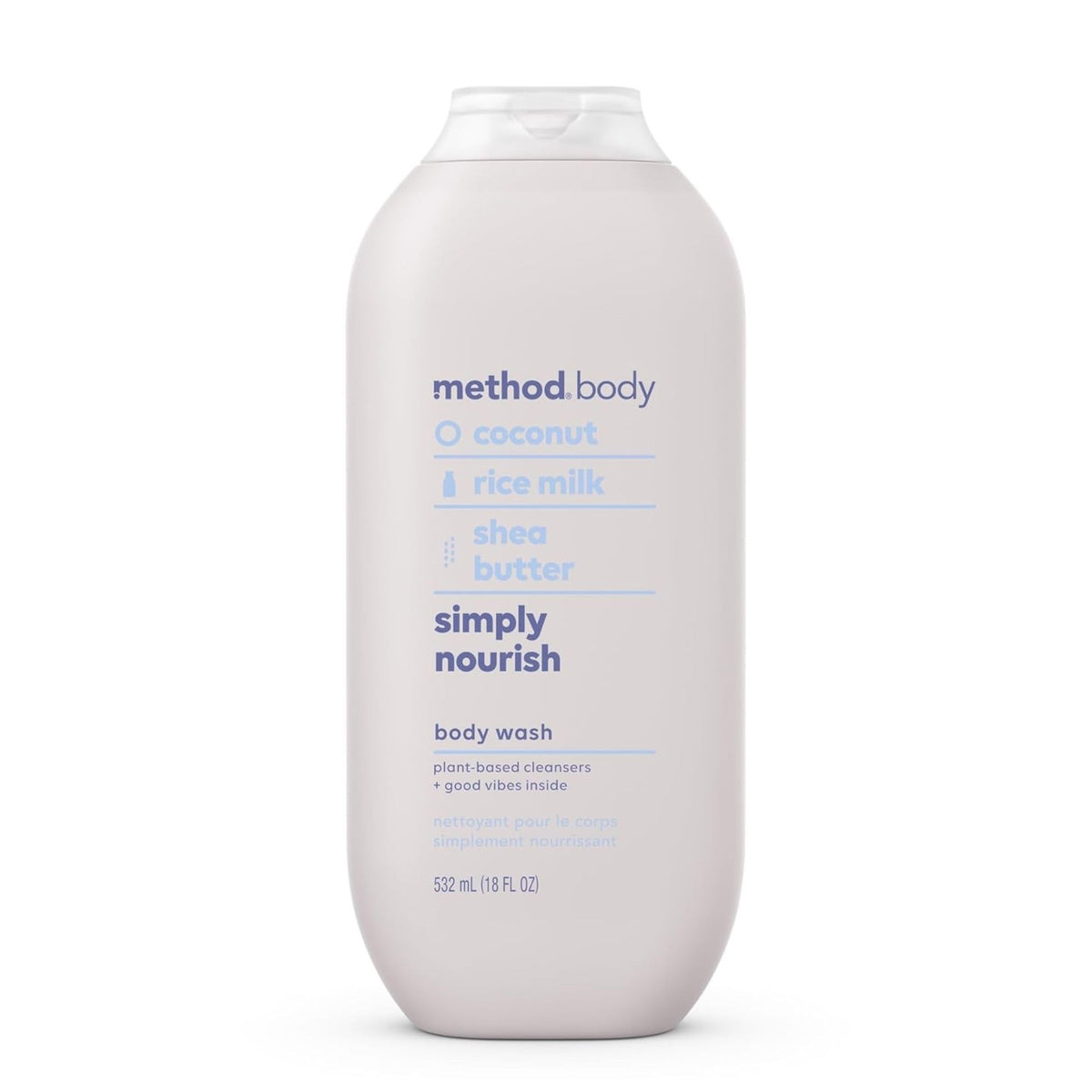 Method Body Wash Simply Nourish, enfoque botella vertido, sensación suave para la piel.