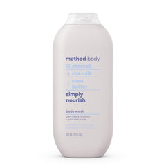 Method Body Wash Simply Nourish, enfoque botella vertido, sensación suave para la piel.