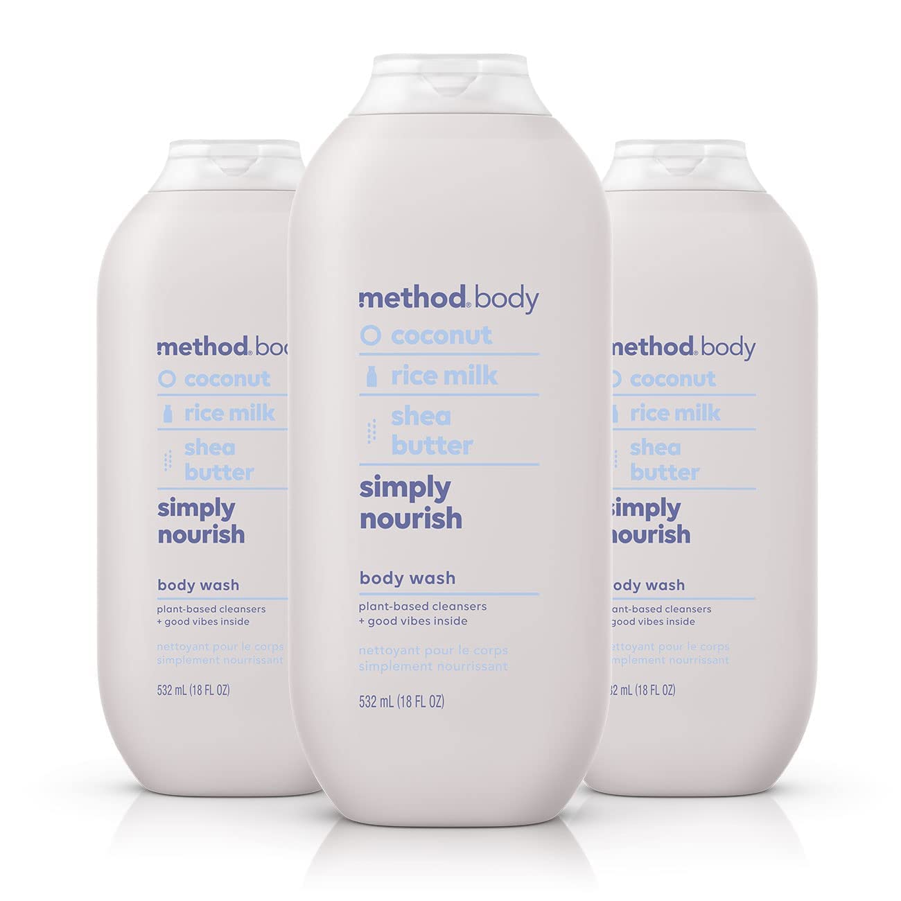 Method Simply Nourish body wash bottle on a shower shelf highlighting eco-friendly packaging