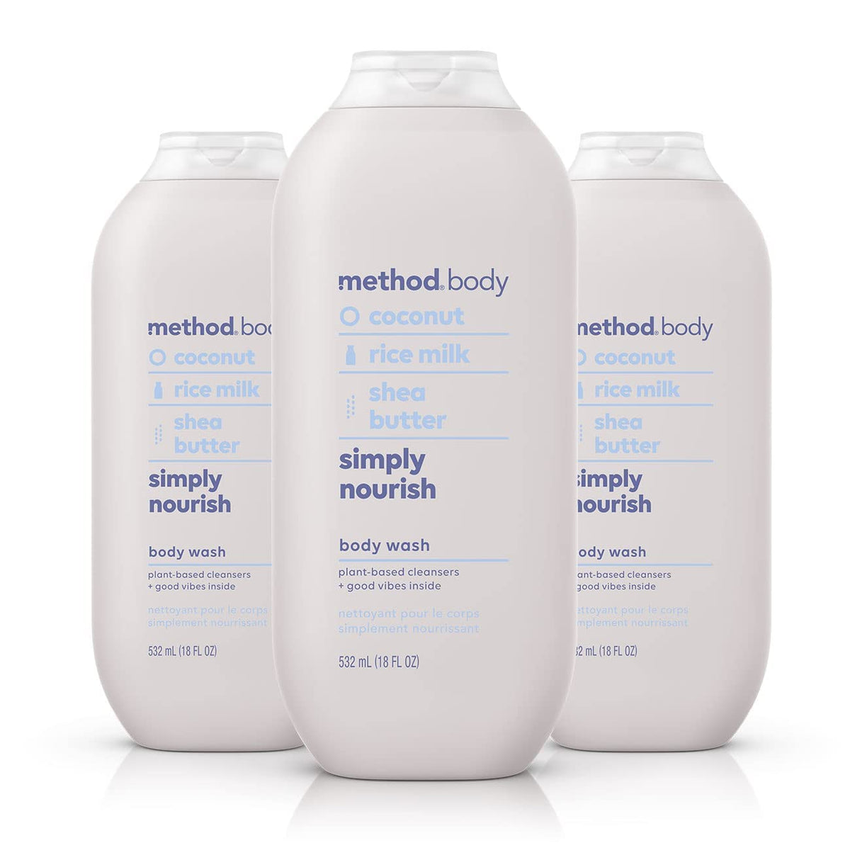 Method Simply Nourish body wash bottle on a shower shelf highlighting eco-friendly packaging