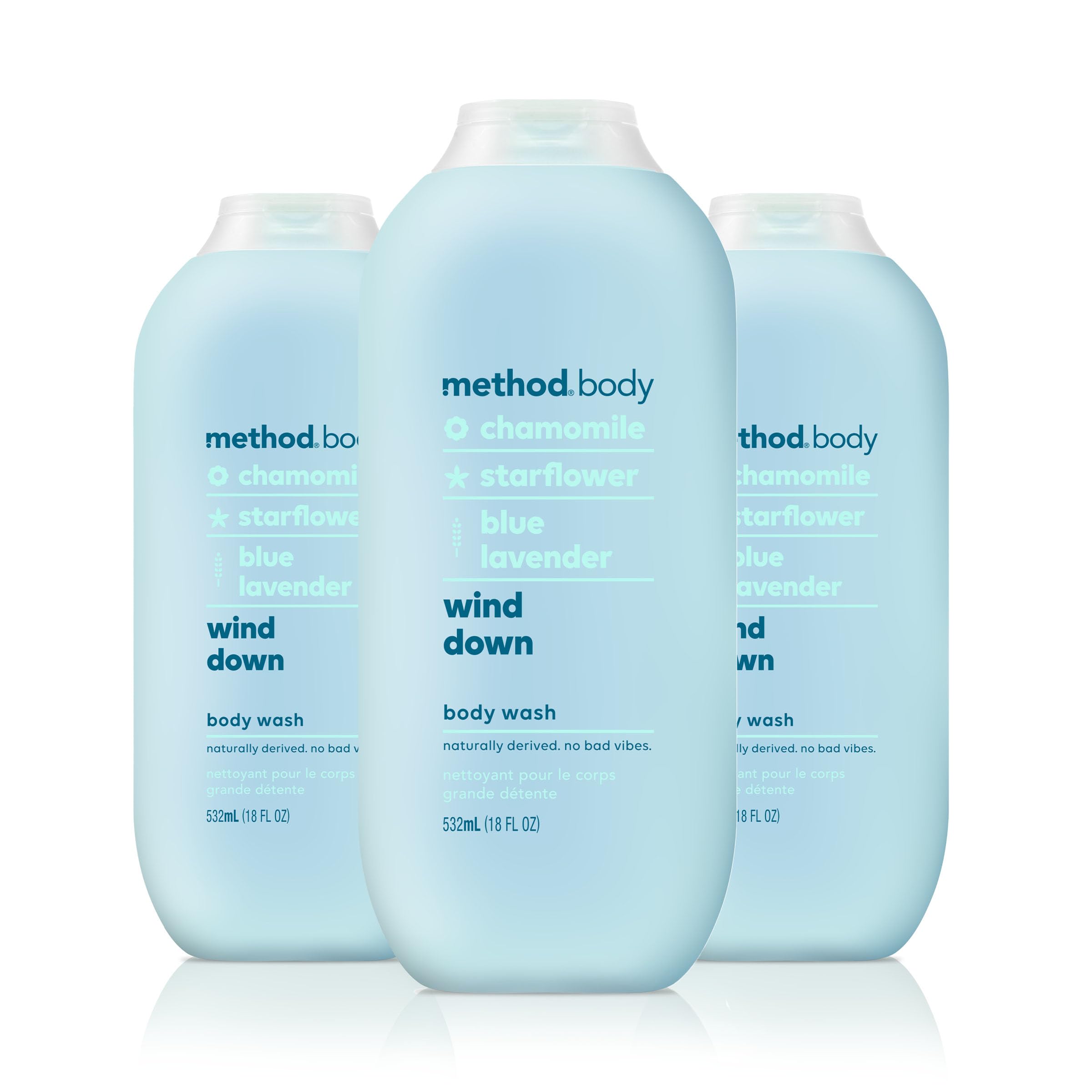 Method Wind Down body wash pack of three bottles, silky lather for a relaxing shower