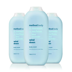 Method Wind Down body wash pack of three bottles, silky lather for a relaxing shower