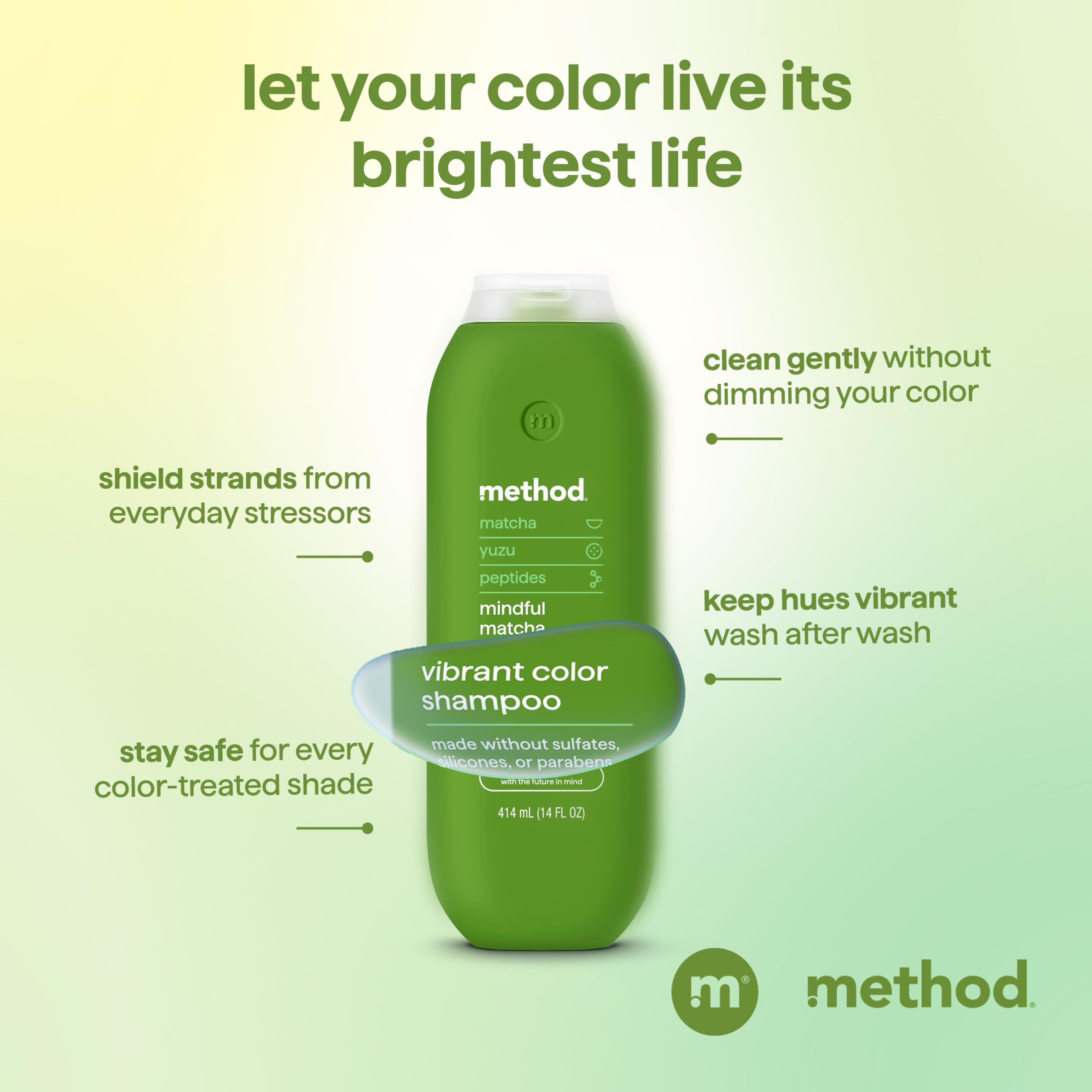 Champú Method Color Protect: primer plano mostrando uso diario en cabello teñido
