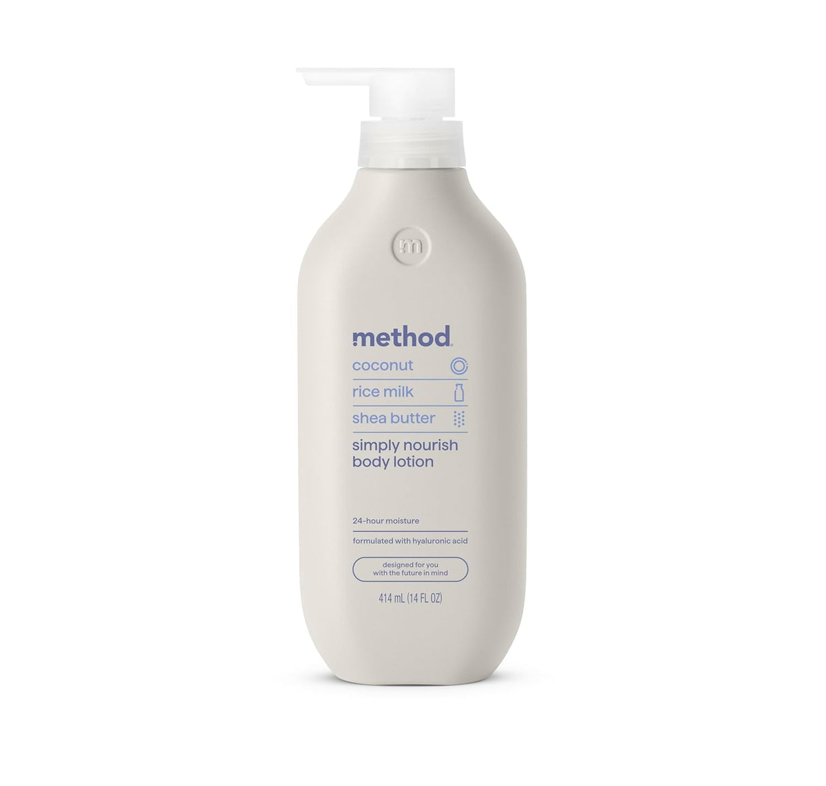 La botella Method crema corporal muestra hidratación continua de 24 horas.