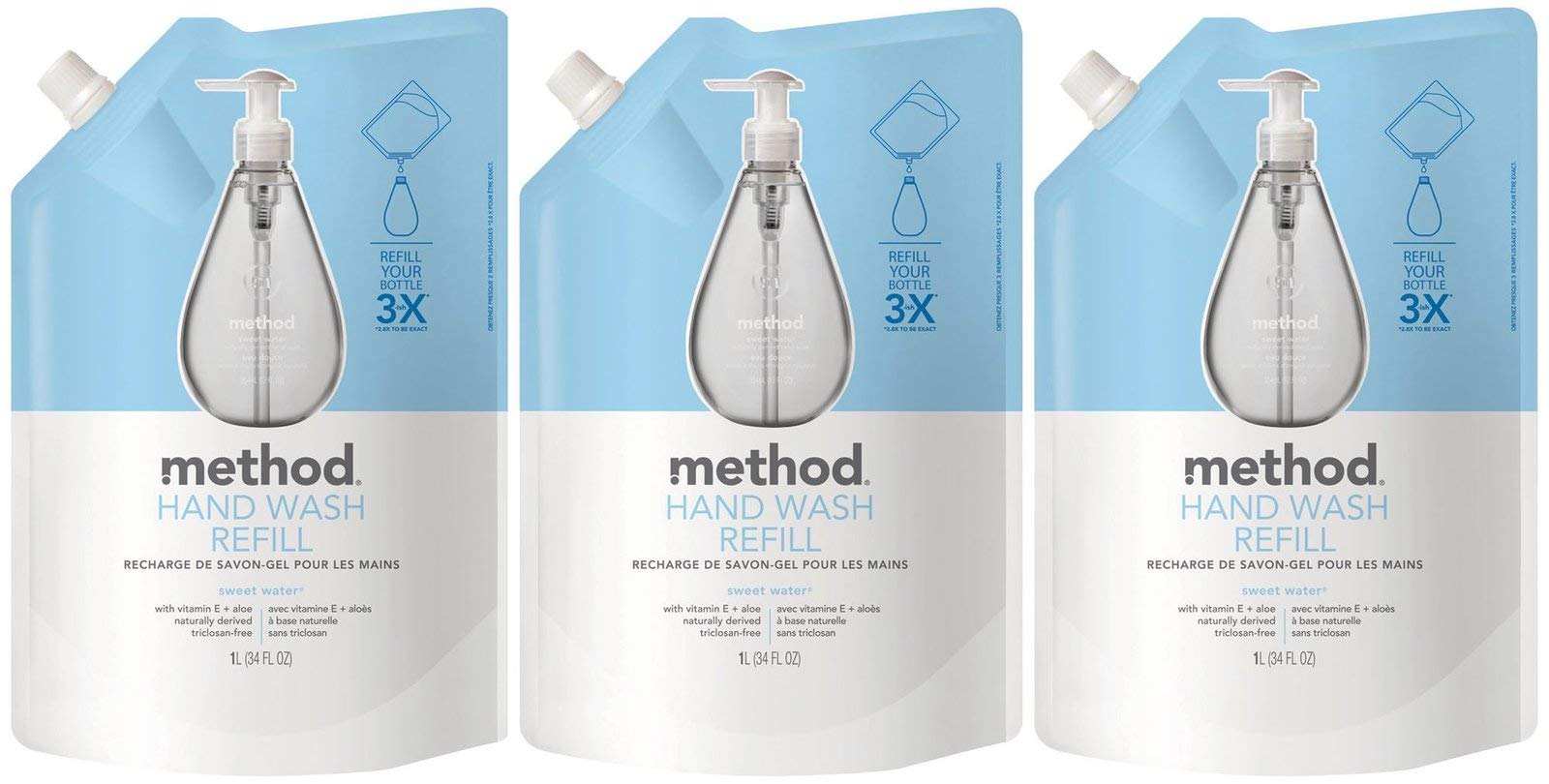 Method gel hand soap refill Sweet Water three 34-ounce bottles for convenient eco-friendly refills.