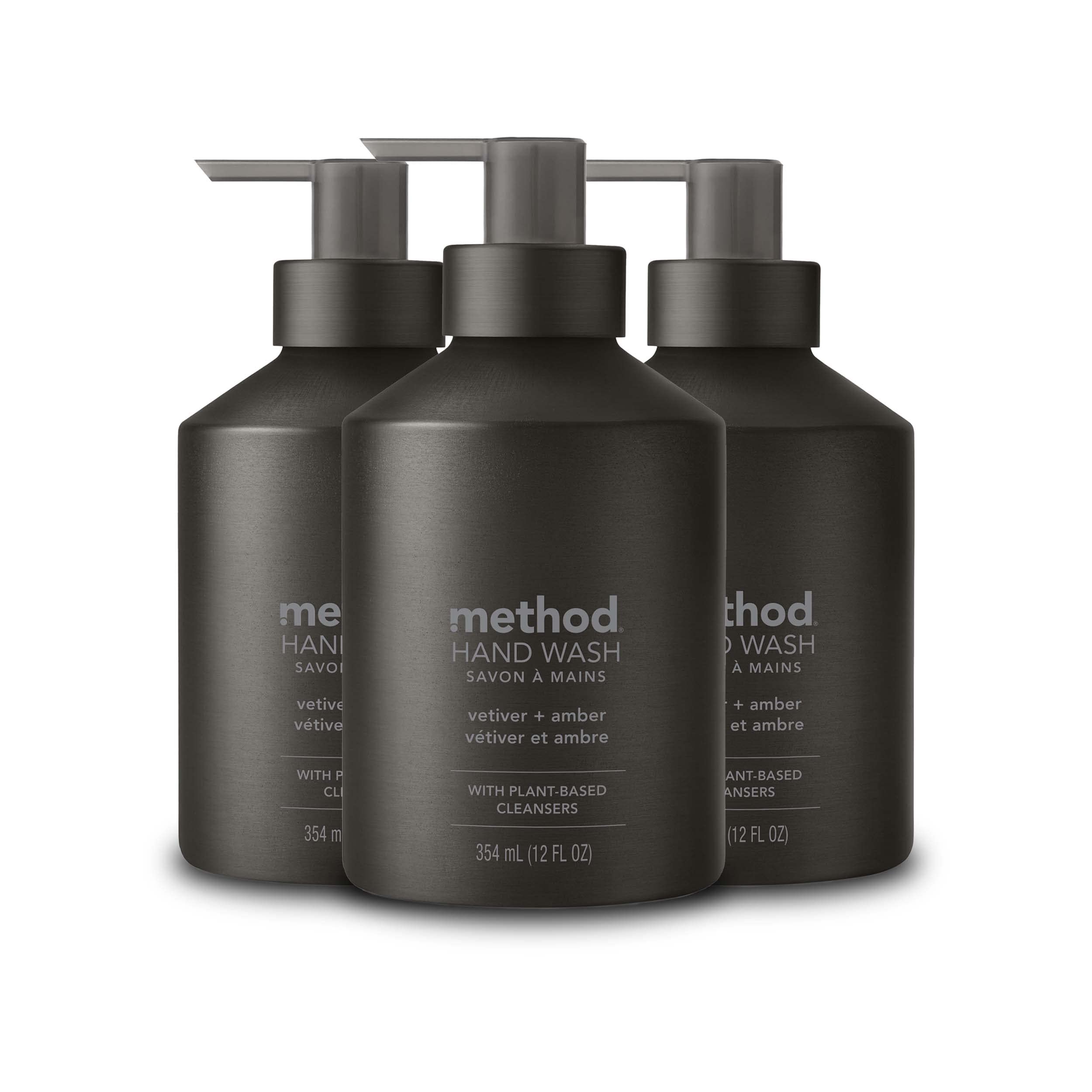 Method Vetiver Amber soap bottle front in reusable aluminum packaging for refill-friendly use.