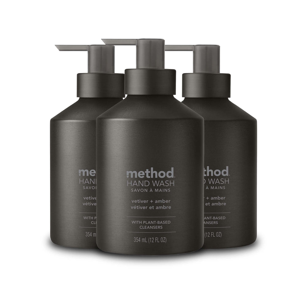 Method Vetiver Amber soap bottle front in reusable aluminum packaging for refill-friendly use.