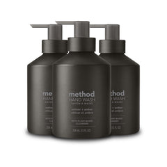 Method Vetiver Amber soap bottle front in reusable aluminum packaging for refill-friendly use.