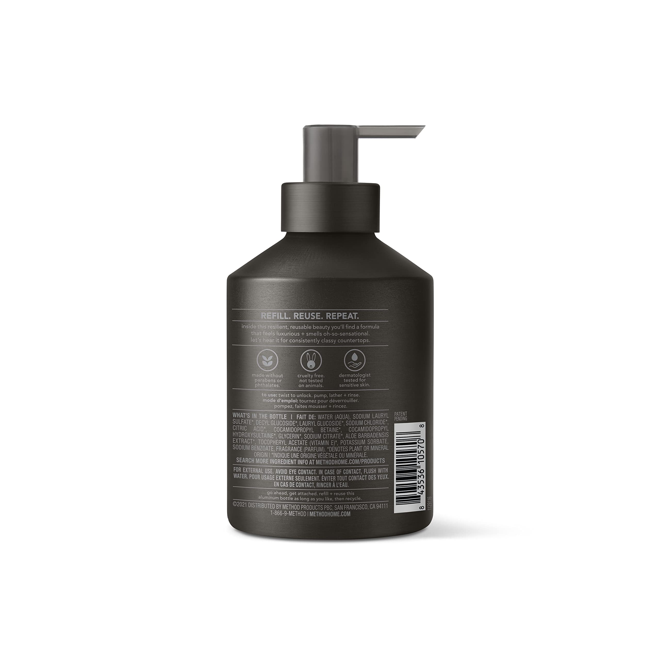 Method Vetiver Amber bottle side showing sturdy aluminum for durable, long-lasting use.