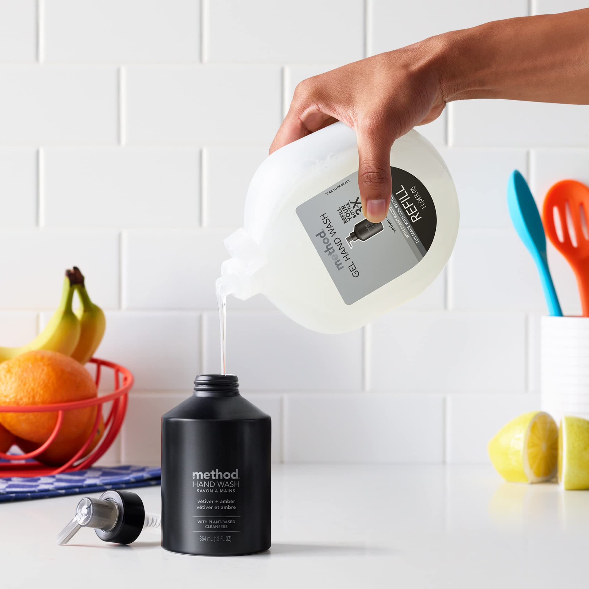 Method Vetiver Amber on counter highlights a premium scent for daily hand care.