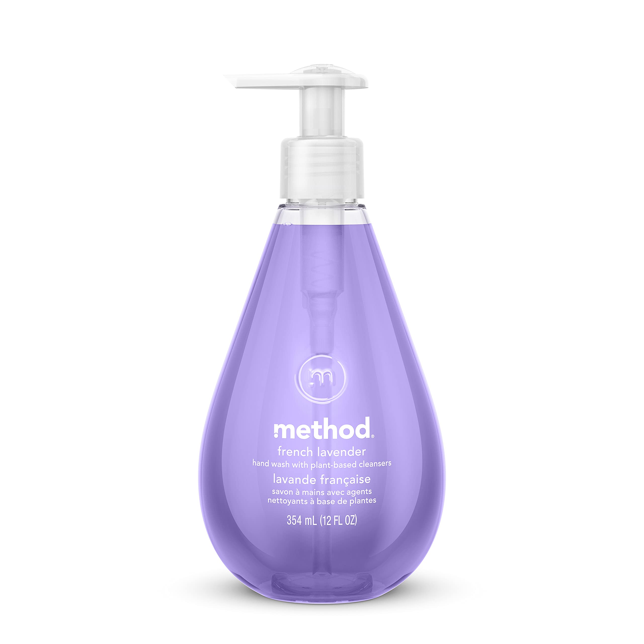 Method Gel Hand Wash French Lavender bottle pour shows plant-based cleansing and a refreshing scent.