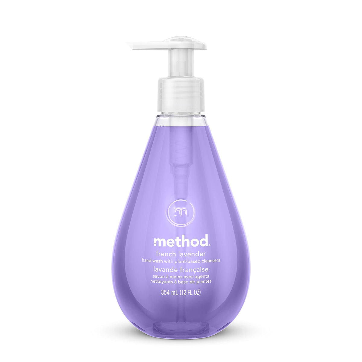 Method Gel Hand Wash French Lavender bottle pour shows plant-based cleansing and a refreshing scent.