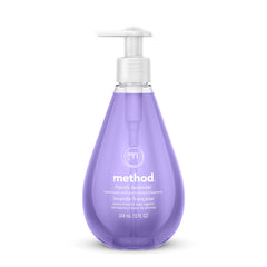 Method Gel Hand Wash French Lavender bottle pour shows plant-based cleansing and a refreshing scent.