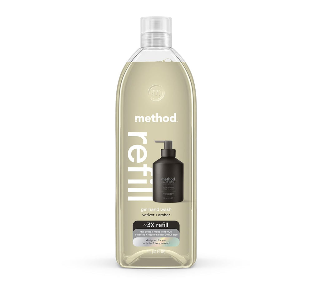 Method Gel Jabon Mano Refill Vetiver Amber: lavado suave con hidratación.