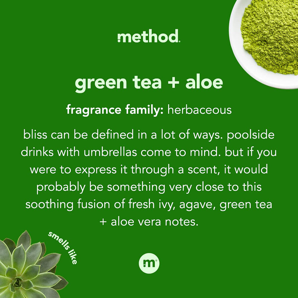Method Green Tea Aloe foaming closeup emphasizes creamy foam and clean aroma.