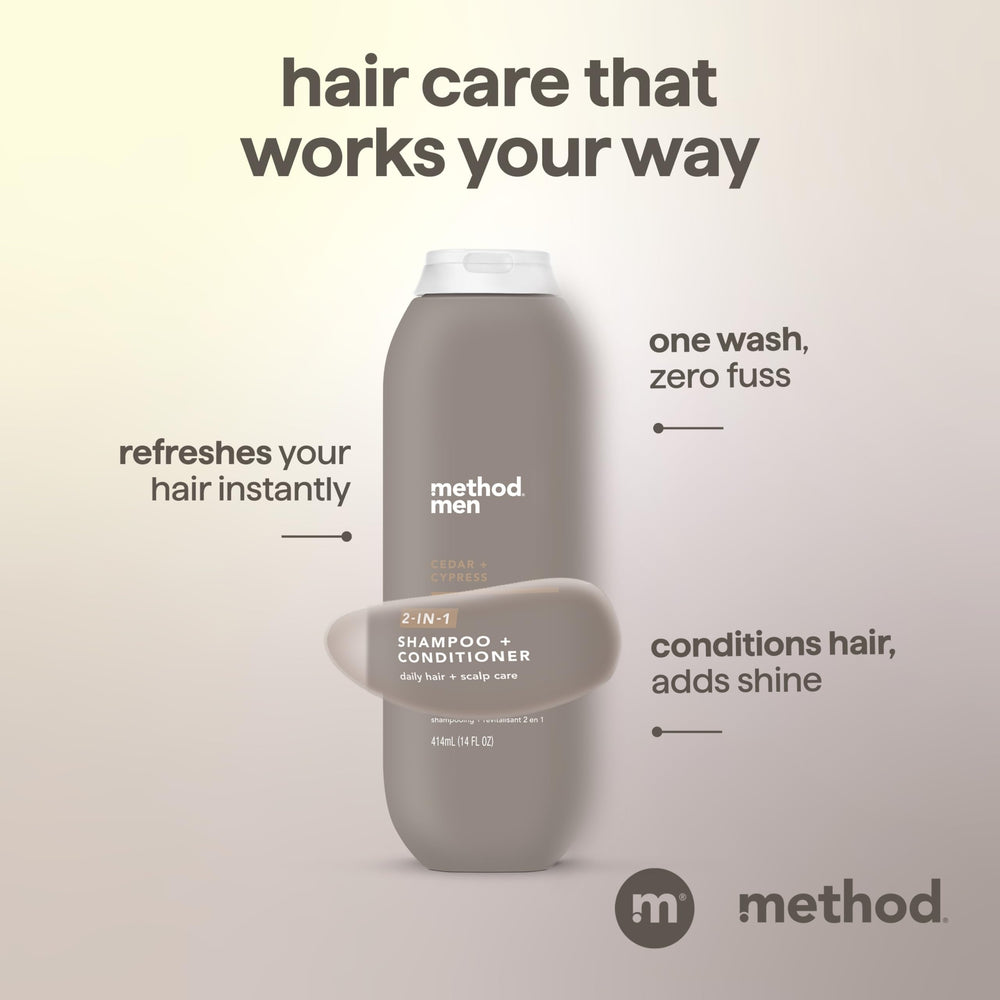 Method Men 2 en 1, aroma de cedro y ciprés, experiencia revitalizante.