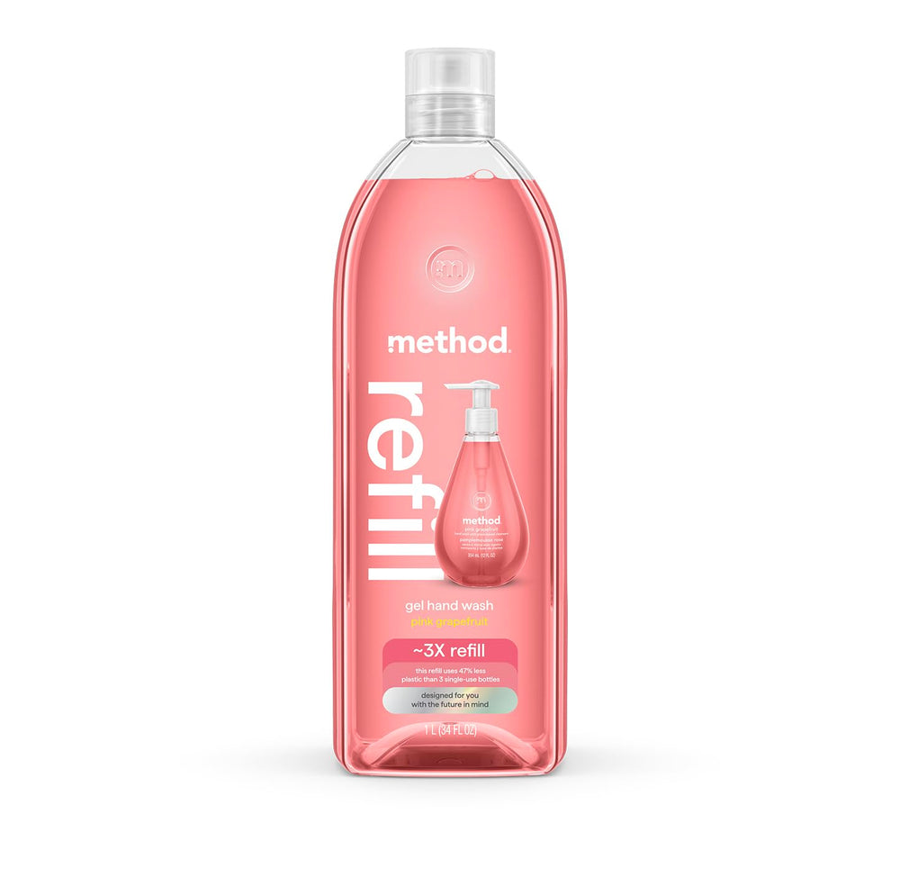 Jabón de manos Method en botella recarga pomelo rosado para uso diario.
