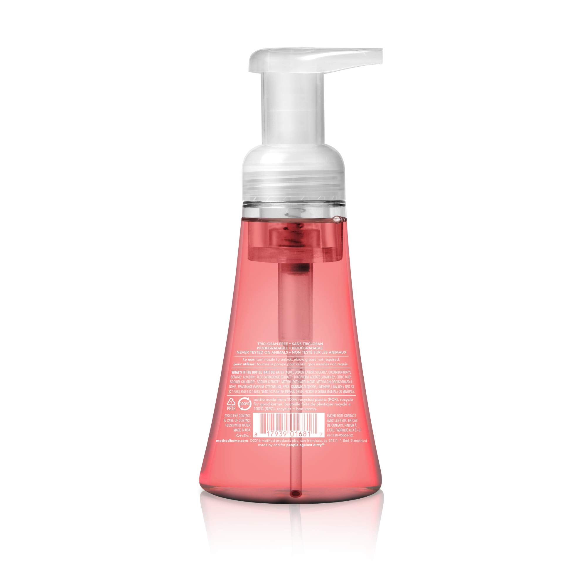 Method jabón espumoso pomelo rosa en botella, textura suave durante el lavado.