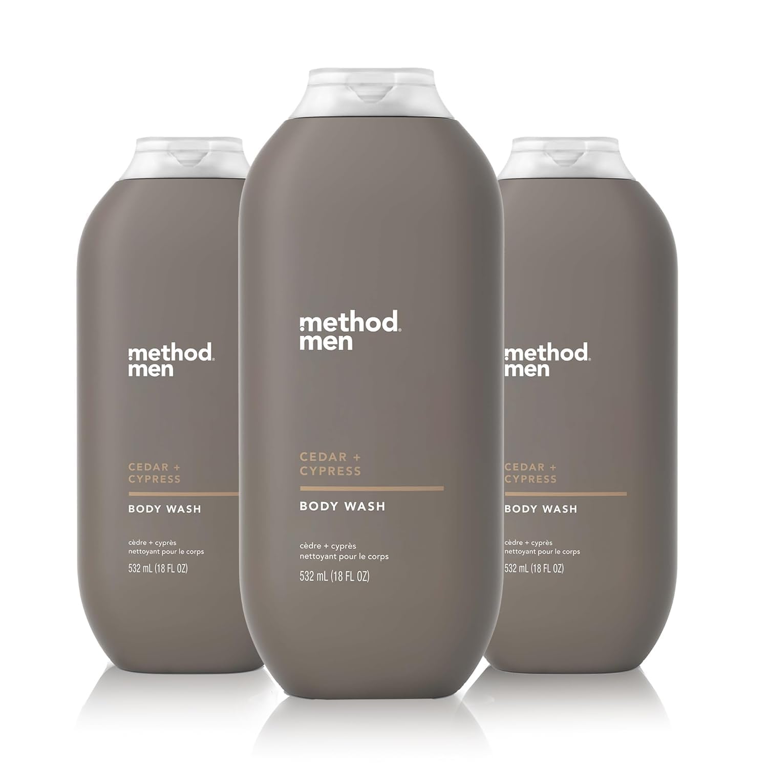 Method Men Cedar + Cypress bottle close-up with quick-lather for faster showers.