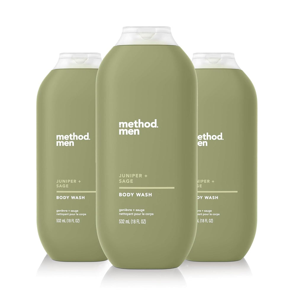 Method Men Juniper Sage body wash pack-3 bottles on display, clean scent and easy lather