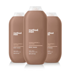 Method Men sandalwood vetiver body wash bottle front, showcasing fragrance