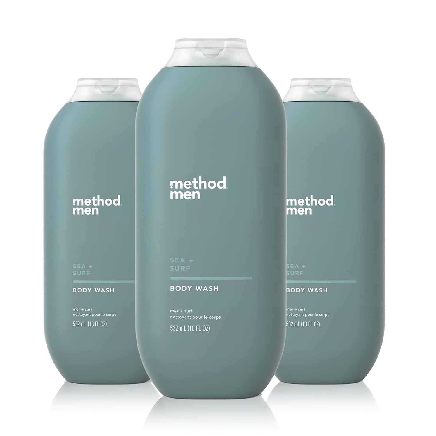Method Men Sea + Surf bottle closeup highlighting paraben-free formula for daily cleansing.