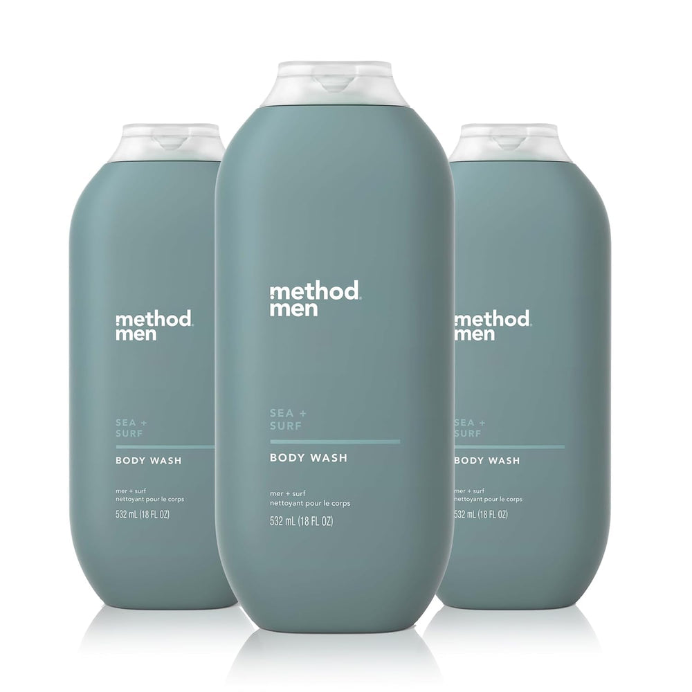 Method Men Sea + Surf bottle closeup highlighting paraben-free formula for daily cleansing.