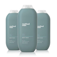 Method Men Sea + Surf bottle closeup highlighting paraben-free formula for daily cleansing.