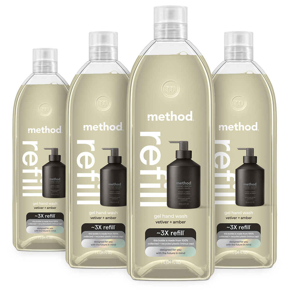 Method Premium Gel Hand Wash refill bottle featuring vetiver and amber fragrance for refreshing hands.