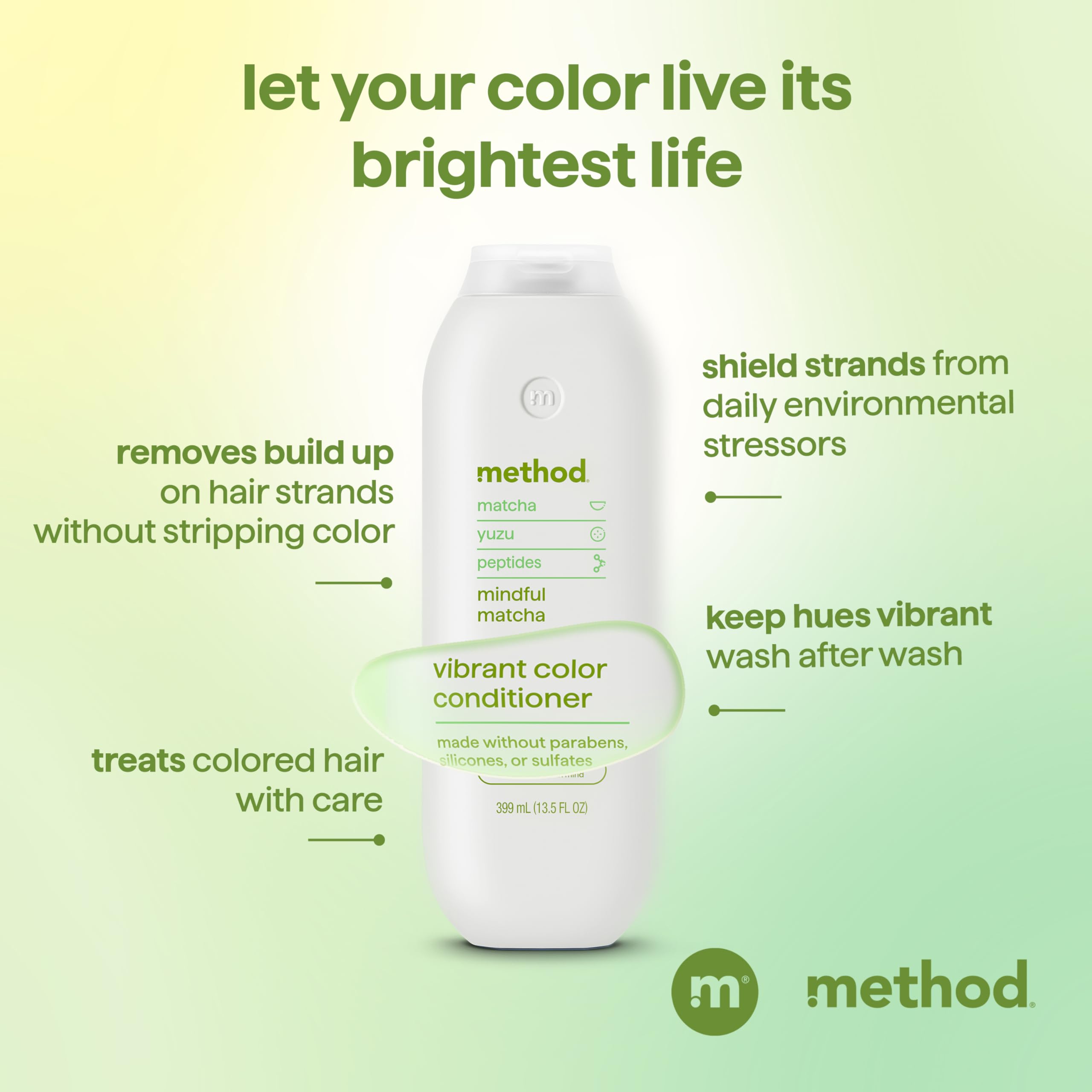 Etiqueta y diseño del acondicionador Mindful Matcha de Method, aspecto elegante en el baño.