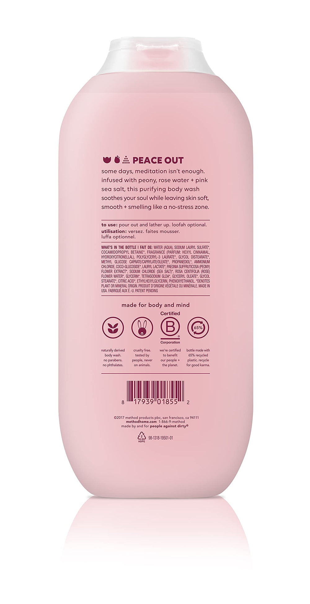 Method Pure Peace bottle back highlights paraben-free and eco-friendly packaging