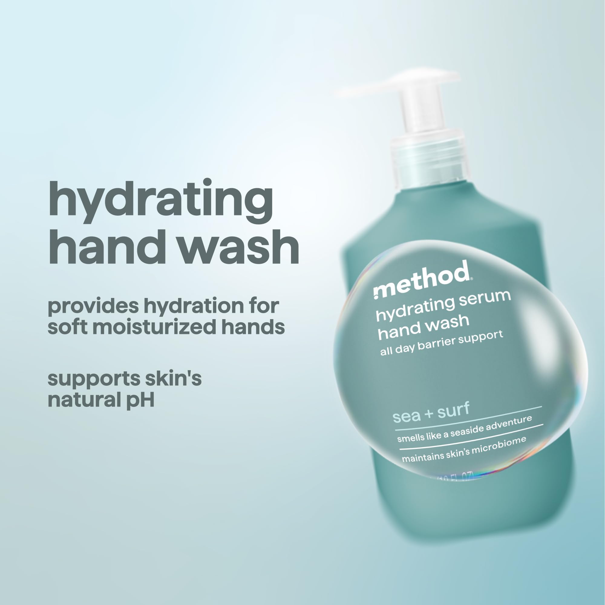 Close-up of creamy foam from Method Sea + Surf hand wash for softness.