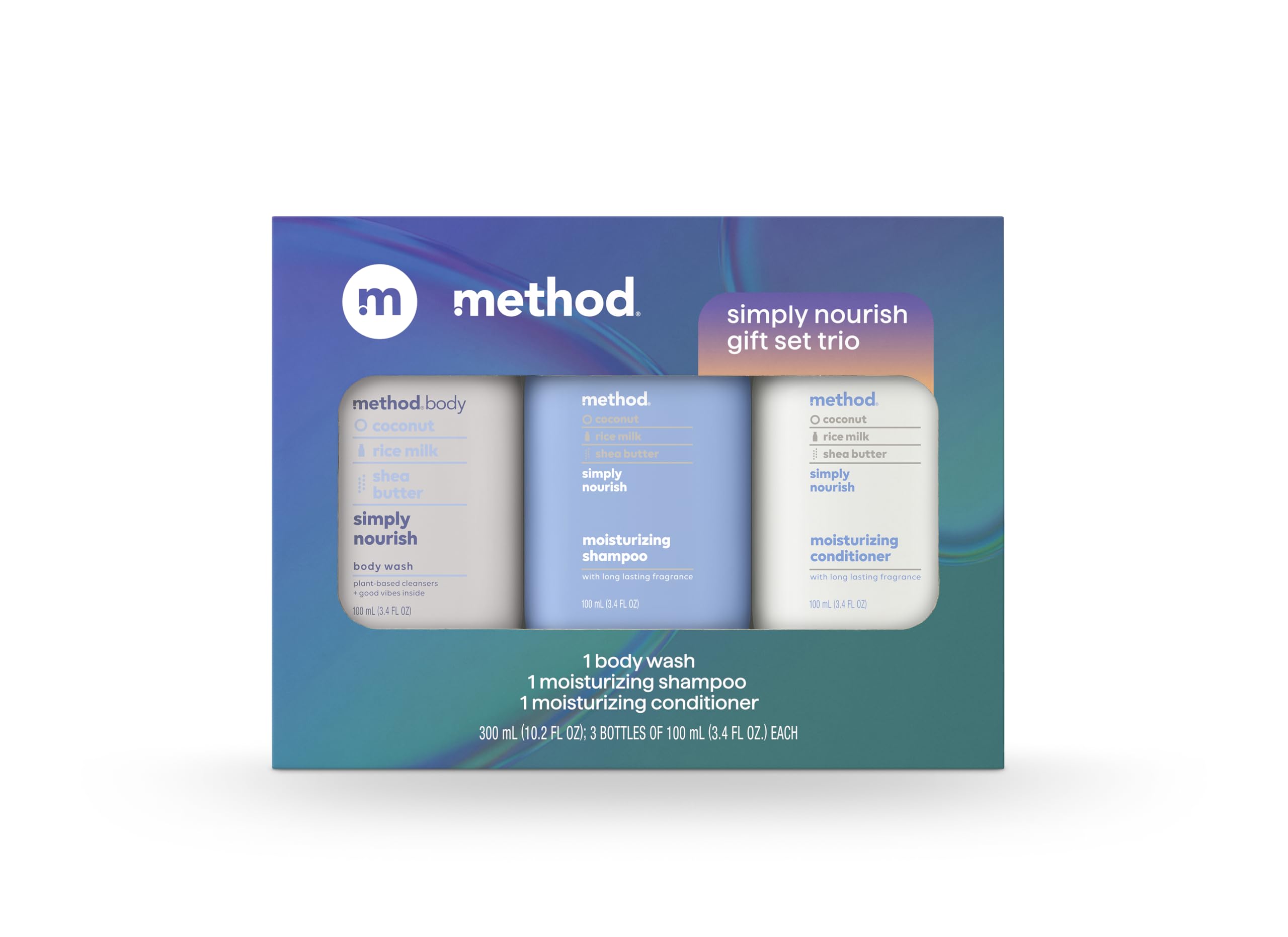 Method Simply Nourish body wash trio bottles front view, ideal for gifting
