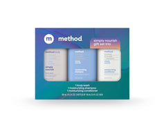 Method Simply Nourish body wash trio bottles front view, ideal for gifting