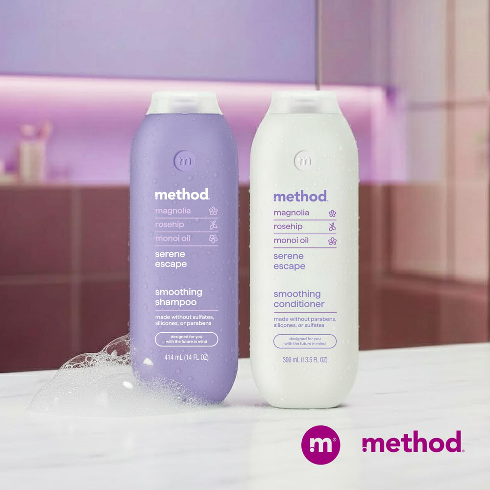 Method Smoothing Conditioner Serene Escape applying to damp hair for nourishment and smoothness