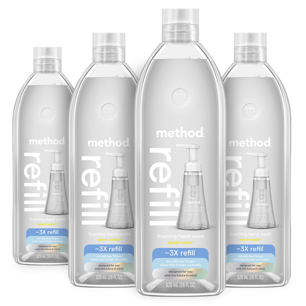 Method Sweet Water refill bottles packaging highlights eco-friendly materials and recyclability.