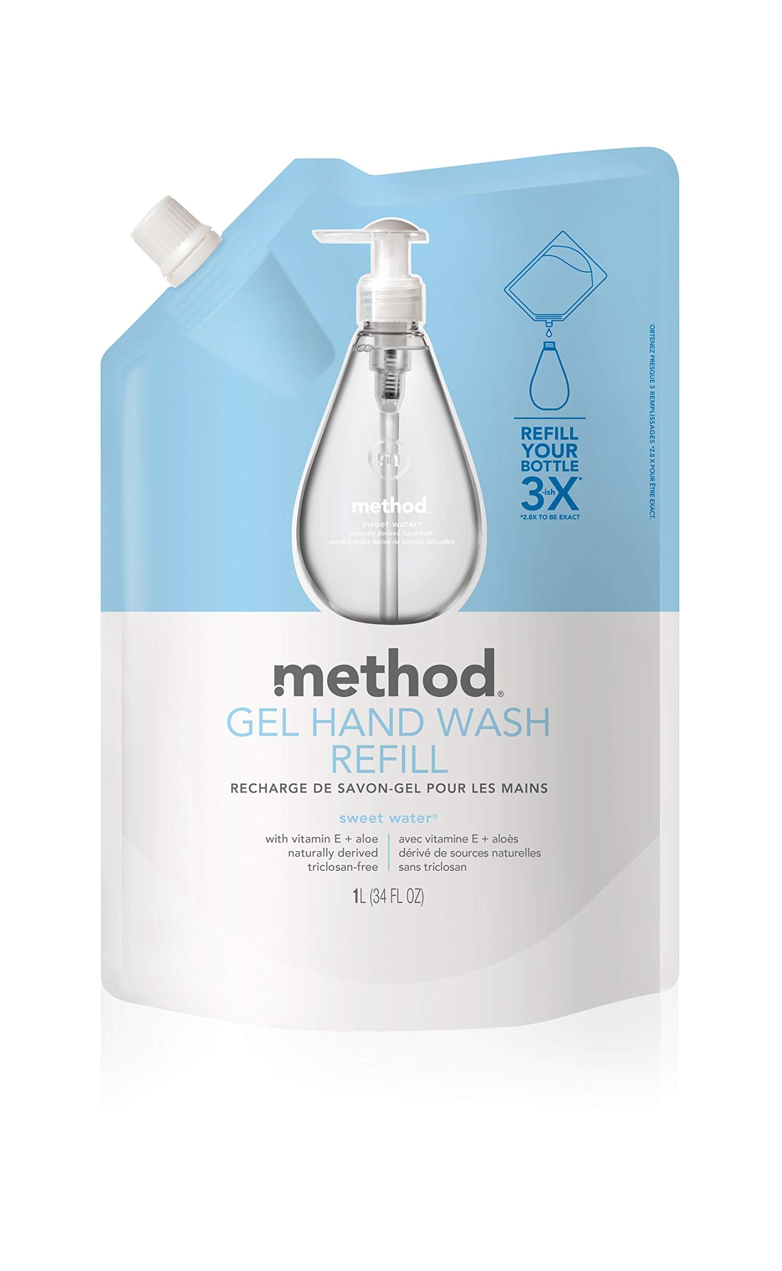 Method Sweet Water scent close-up on bottle highlights refreshing fragrance.