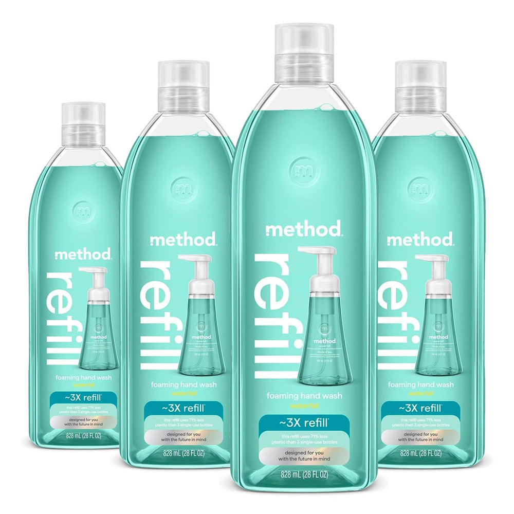 Method Waterfall refill 28oz front view, four-pack for eco-friendly at-home refills.