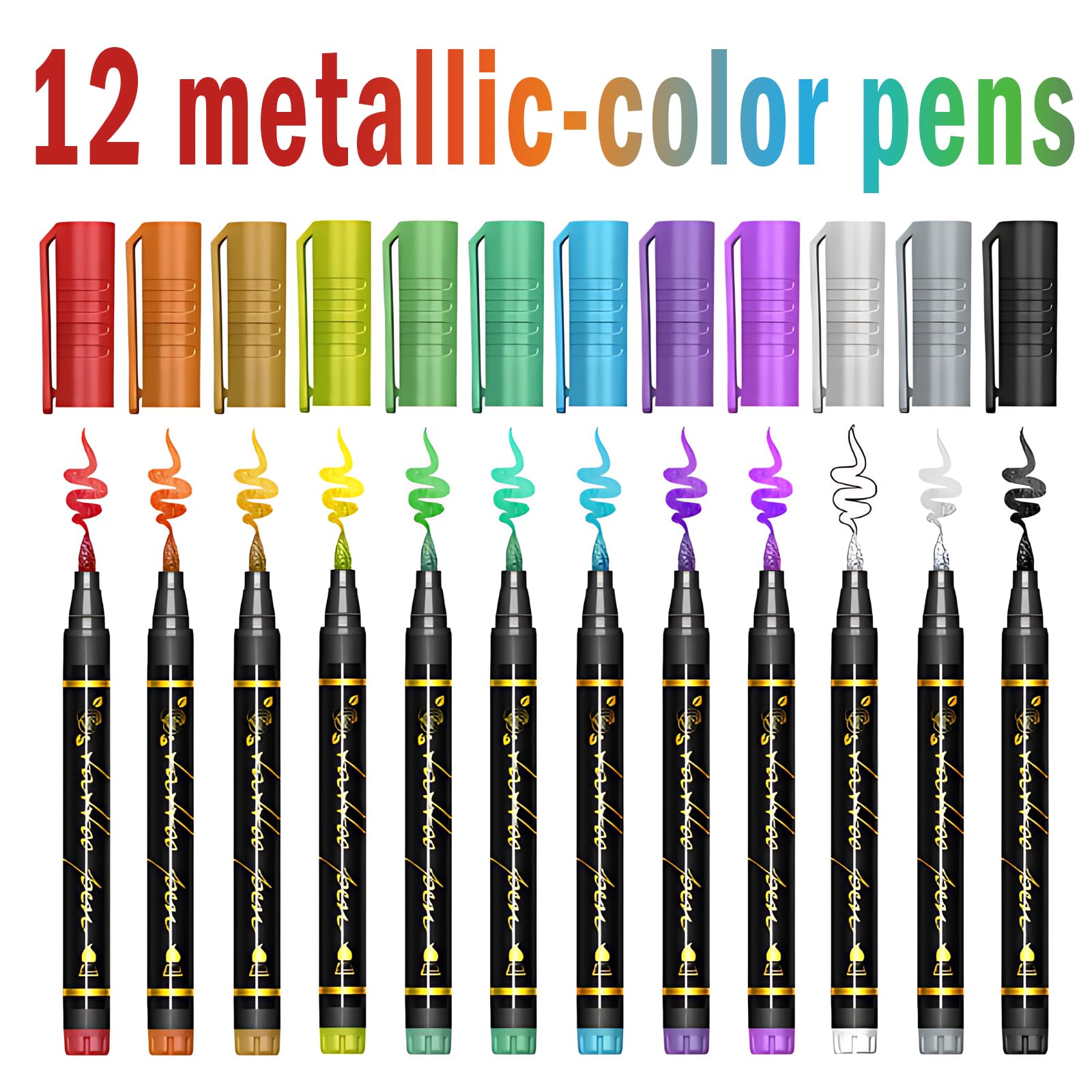 Metuu tattoo markers color swatches showcase 12 metallic hues for vibrant skin designs.