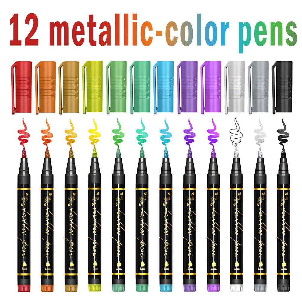 Metuu tattoo markers color swatches showcase 12 metallic hues for vibrant skin designs.
