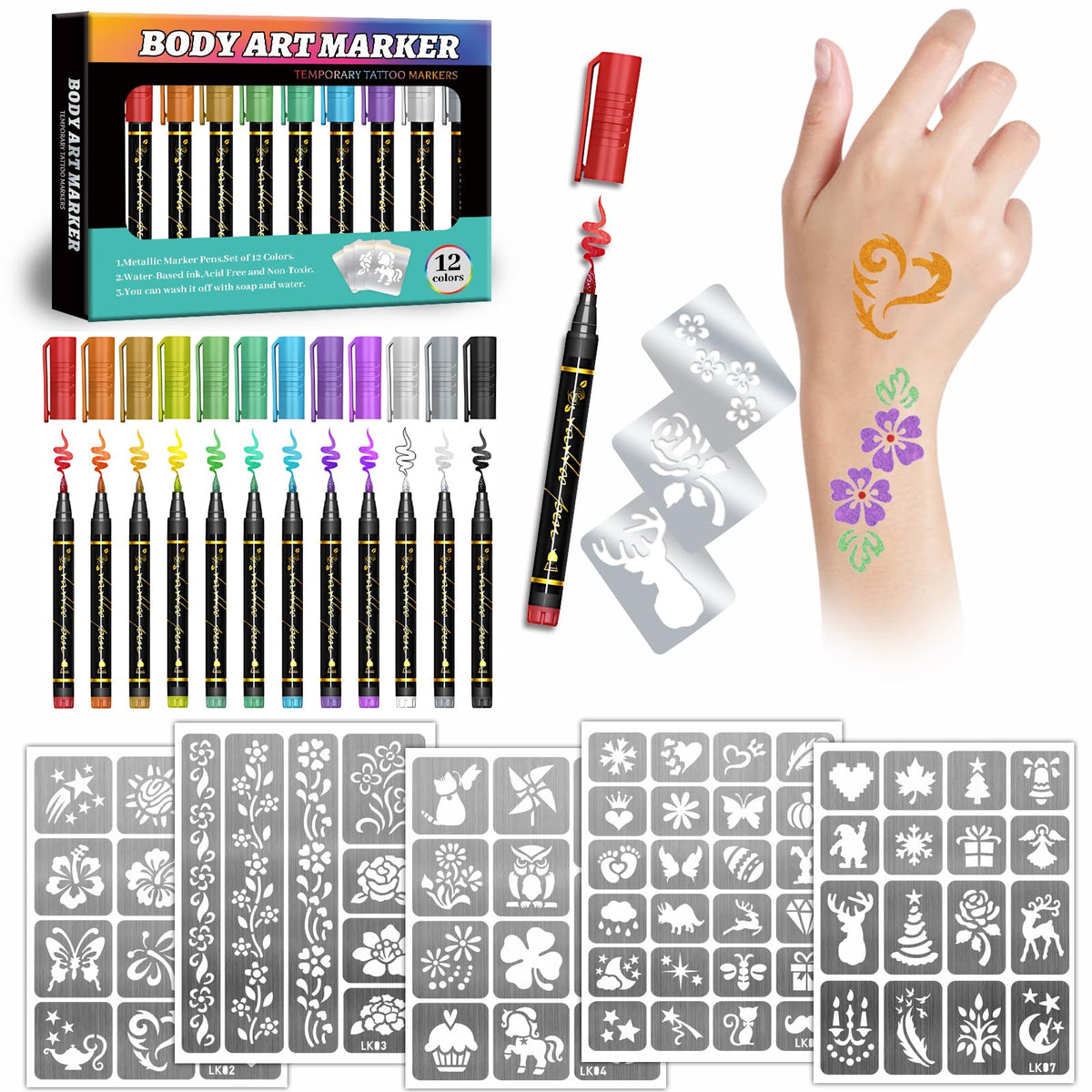 Metuu tattoo markers kit packaging front view, ideal for easy party art prep.
