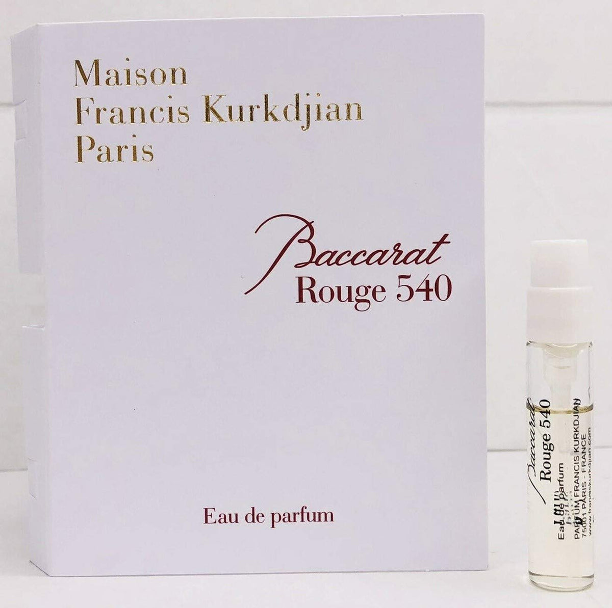 Maison Francis Kurkdjian Baccarat Rouge 540 mini vial bottle front view for on-the-go luxury.