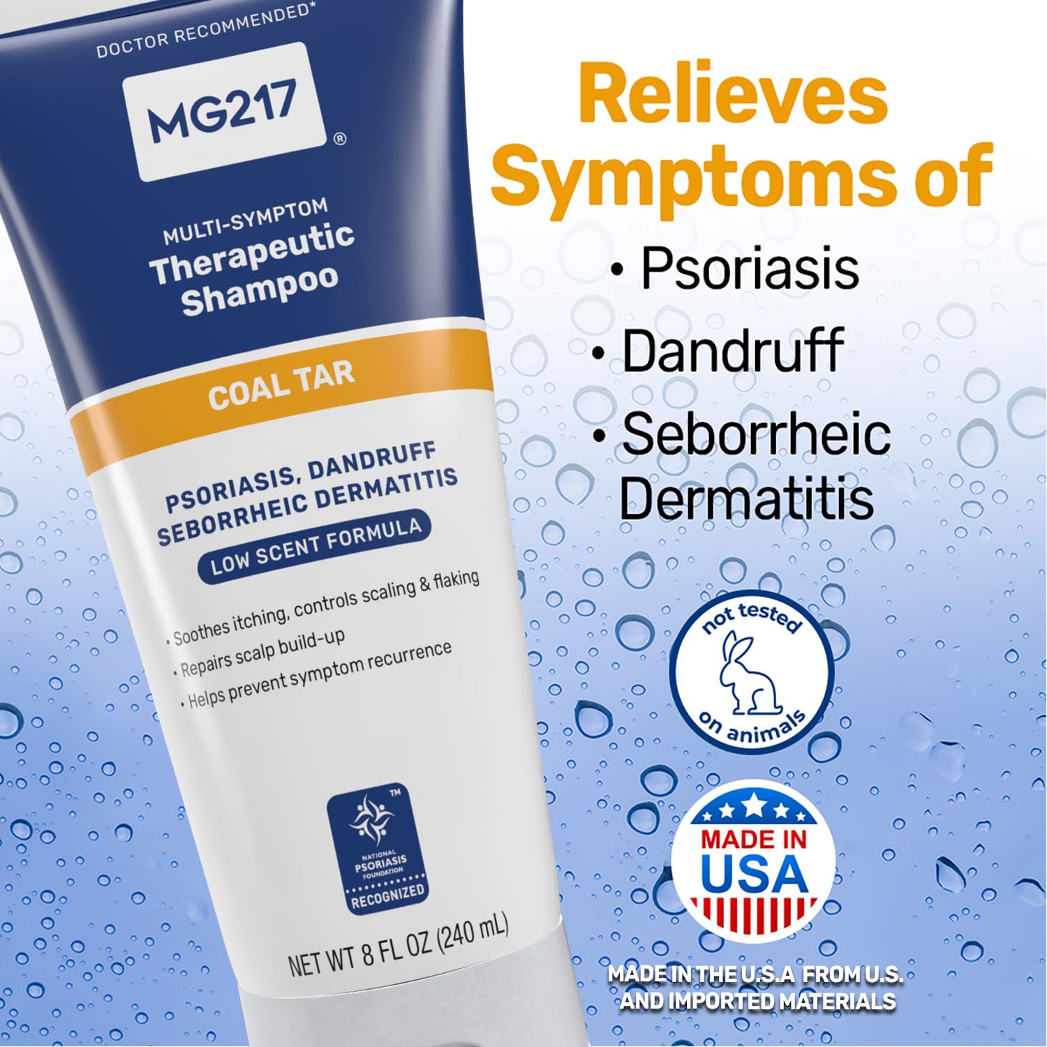 MG217 bottle on a bathroom shelf ready for routine scalp care