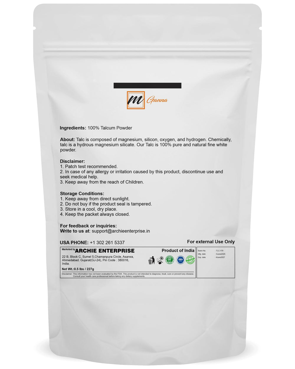 mGanna talc powder texture close-up shows fine, silky particles