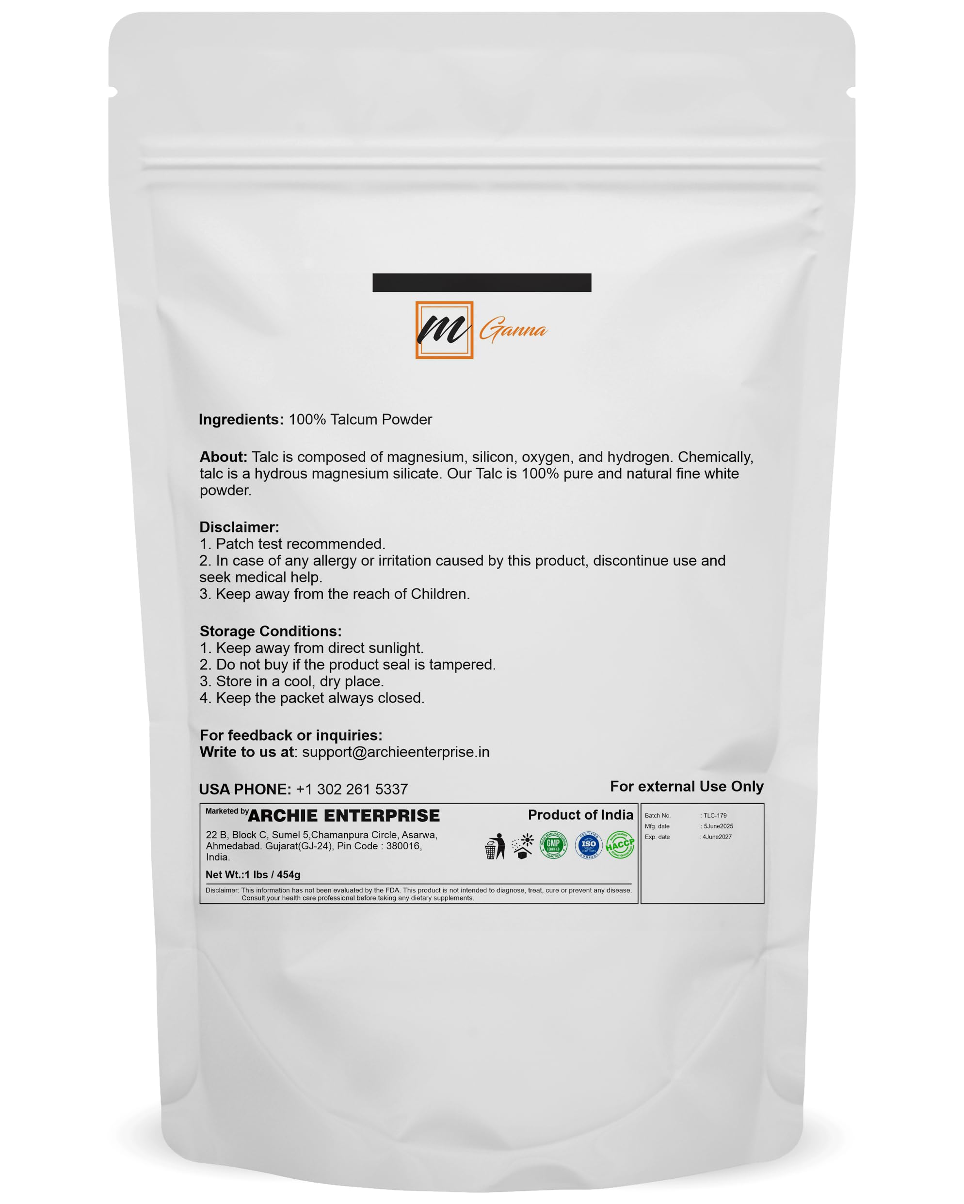 mGanna talco textura fina: polvo ultrafino para mezclas cosméticas.